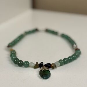 Handmade Green Aventurine Necklace with Agate Pendant & Toggle Clasp